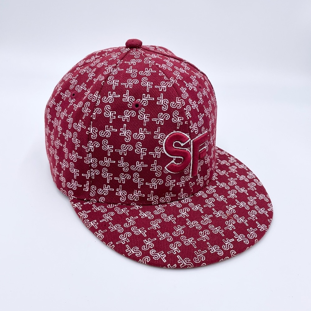 San Francisco SF Burgundy Letter Font All Over Fitted Hat Cap Adult size 7 1/8